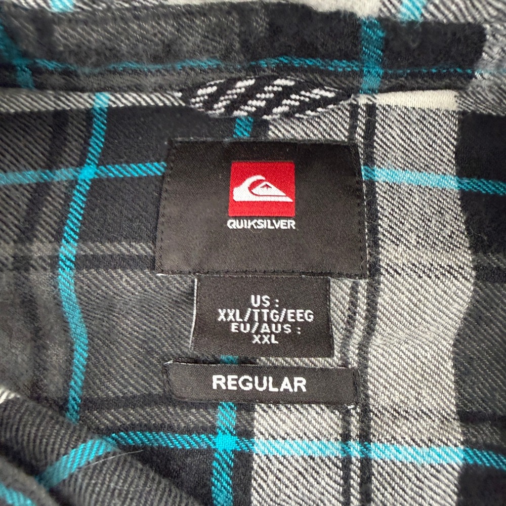 Quiksilver Plaid Flannel Button Down Shirt 2XL Black Teal Mens Surf Skater - Picture 3 of 12